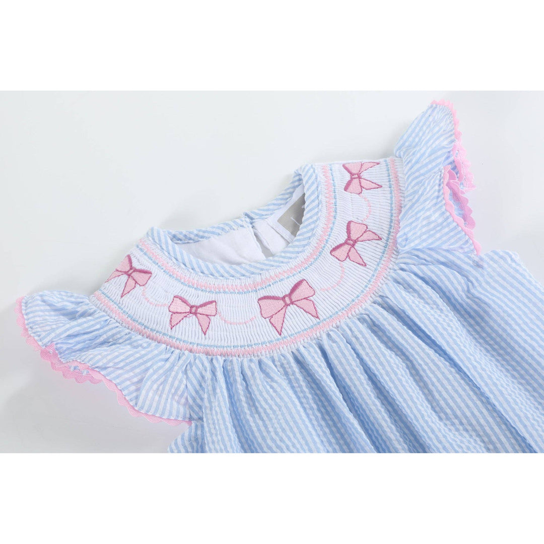 Blue Seersucker Bow Smocked Flutter Romper