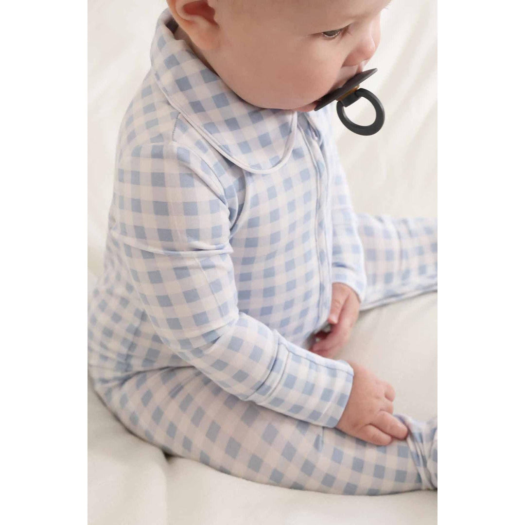 Peter Pan Collar Zipper Footie | Dusty Blue Gingham
