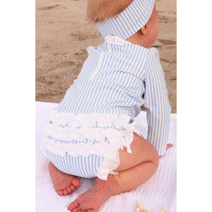 Long Sleeve Rash Guard With Ruffle Bottom | Seersucker Blue Wholesale