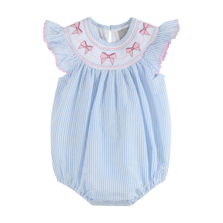 Blue Seersucker Bow Smocked Flutter Romper