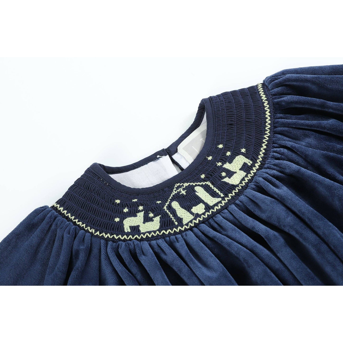 Navy Blue Velvet Gold Nativity Smocked Bishop Dress