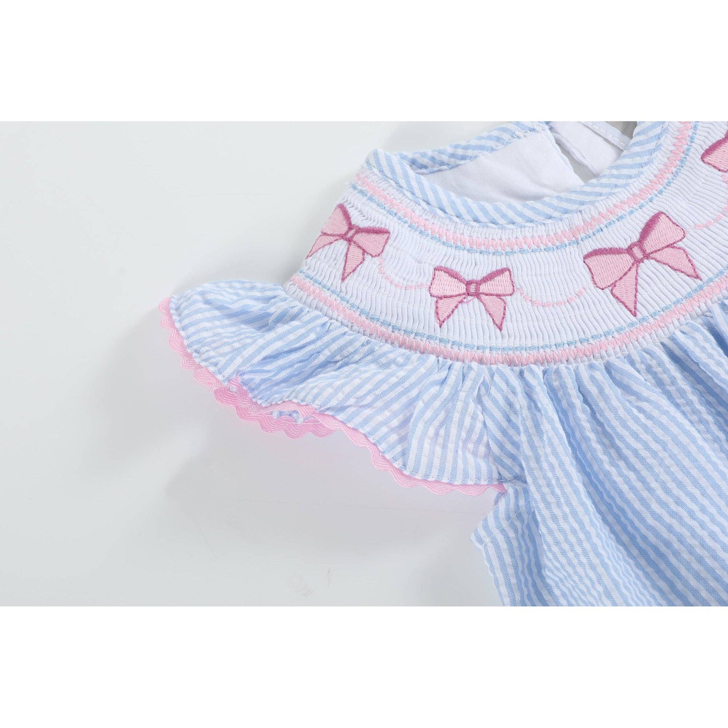 Blue Seersucker Bow Smocked Flutter Romper