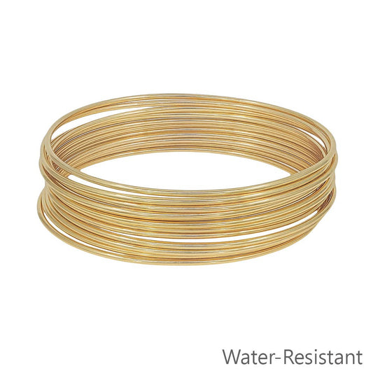 Coiled gold wire on a white background with 'Water-Resistant' text.