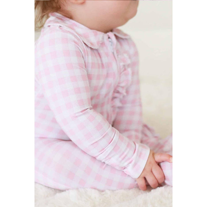 Peter Pan Collar Ruffle Zipper Footie | Rosy Gingham