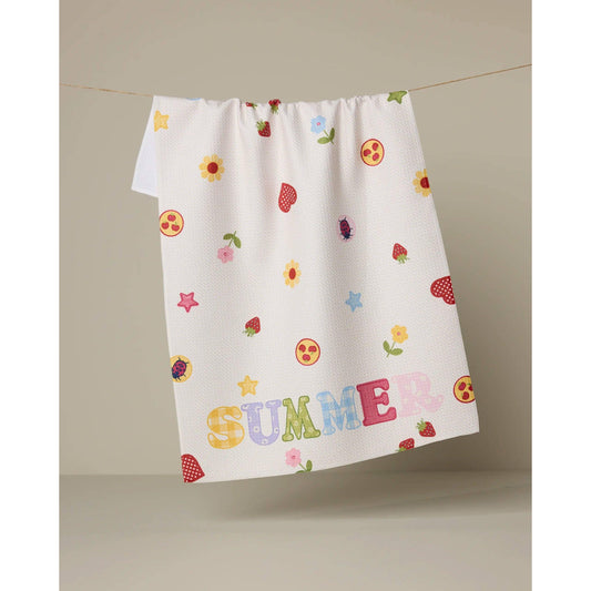 Geometry House Summer Alphabet Tea Towel hanging in kitchen - Fun Colorful Summer Kitchen Decor and Housewarming Gift