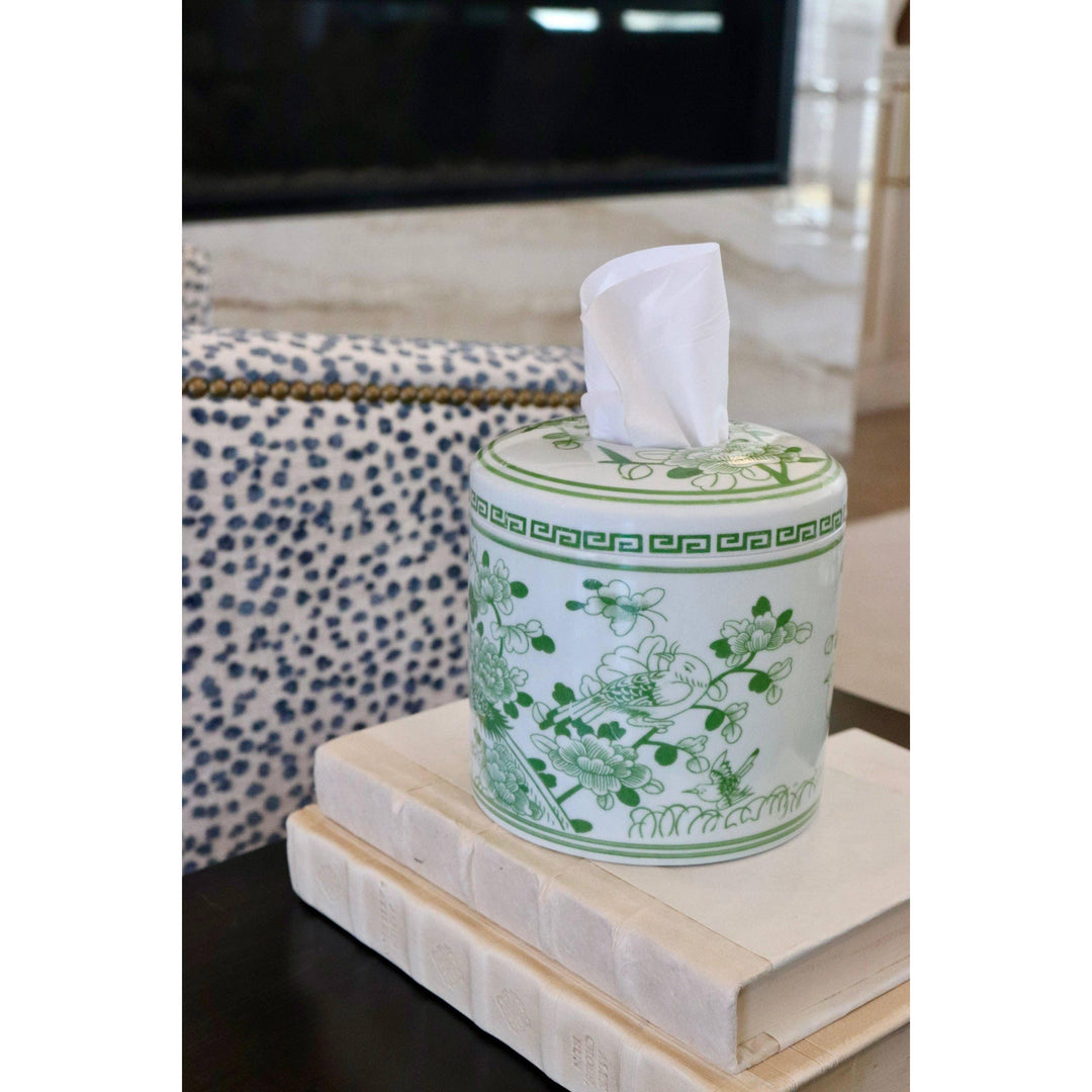 The Jade Green Floral Chinoiserie Hand-Painted Ceramic Tissue Box Cover by House of Happy
