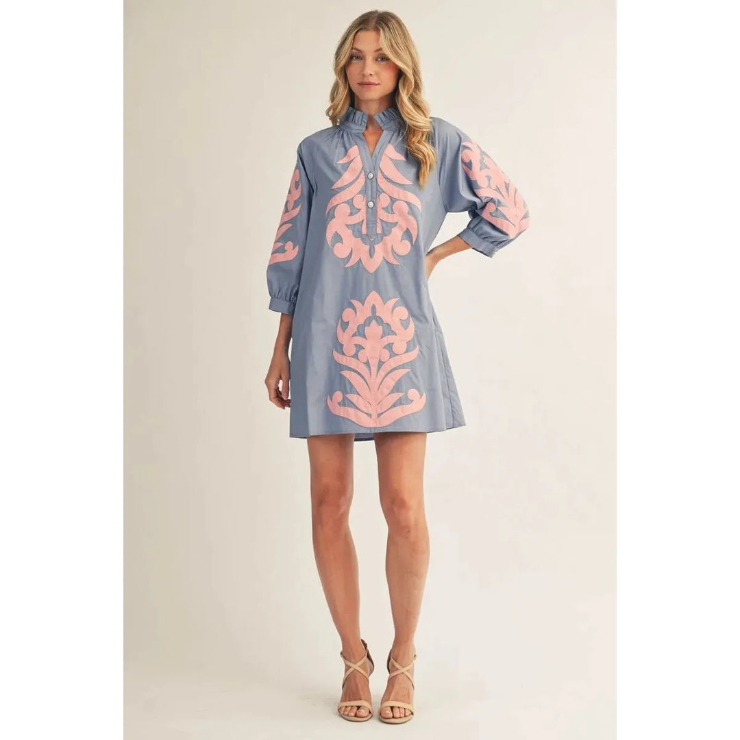 Genevieve Baroque Floral Applique Shift Dress in Cornflower/Pink