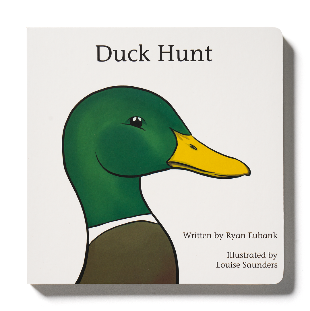 Front cover of Duck Hunt children's board book featuring a colorful mallard duck flying over a marsh at sunrise.