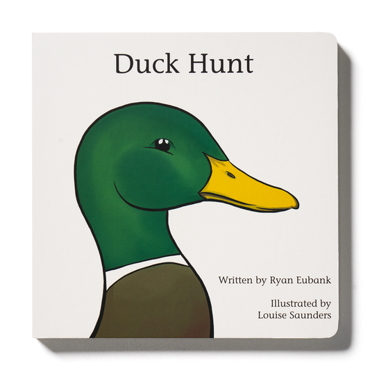 Front cover of Duck Hunt children's board book featuring a colorful mallard duck flying over a marsh at sunrise.