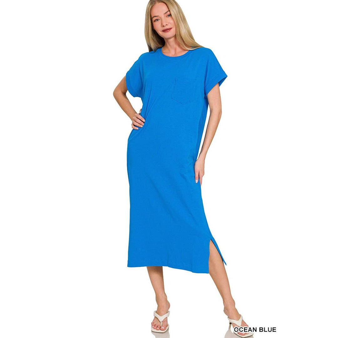 Round Neck Short Sleeve Midi Dress w/ Pockets