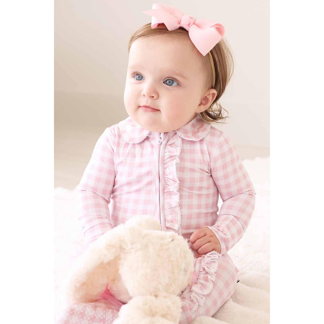 Peter Pan Collar Ruffle Zipper Footie | Rosy Gingham