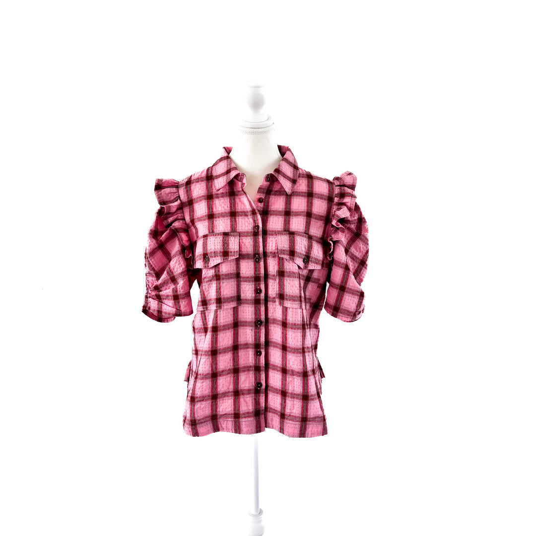 Front view of the Winton and Waits pink Luxe Plaid Ranch Girl Top.