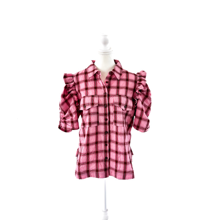 Front view of the Winton and Waits pink Luxe Plaid Ranch Girl Top.