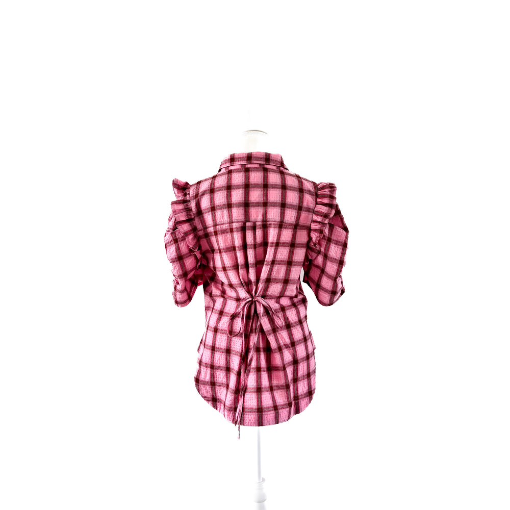Detail view of the Winton and Waits pink Luxe Plaid Ranch Girl Top.