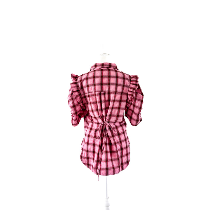 Detail view of the Winton and Waits pink Luxe Plaid Ranch Girl Top.