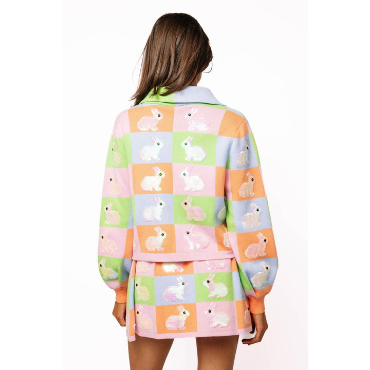Queen of Sparkle Easter Bunny Colorblock Cardigan - Pastel Sequin Button Up Sweater