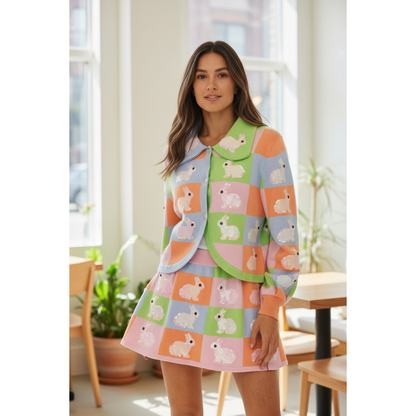 Queen of Sparkle Easter Bunny Cardigan featuring pastel colorblocking and large sequin bunny appliqués.