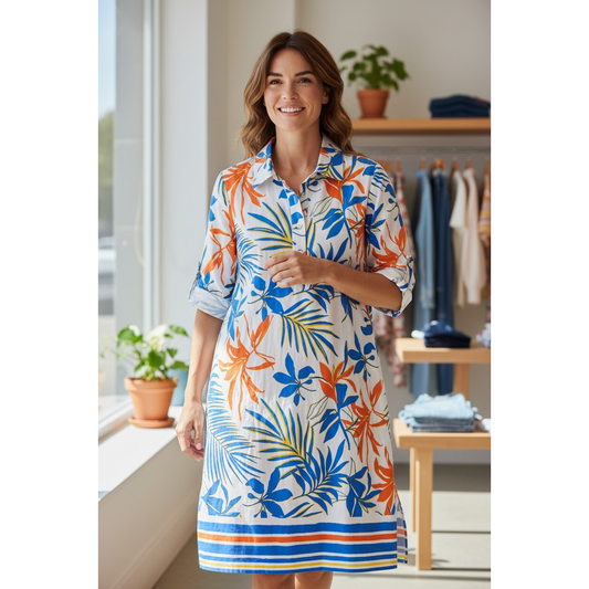 Multiples 3/4 sleeve shirt dress in Sunset Hills floral print featuring a button placket and point collar.