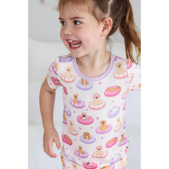 Two Piece Short Pajama Set | Poolside Pups Pink