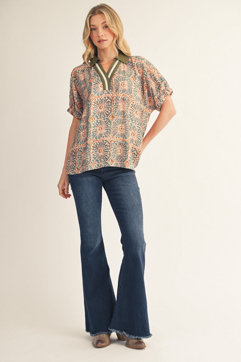 Jodifl Drop Shoulder Boho Print Top - Olive/Teal