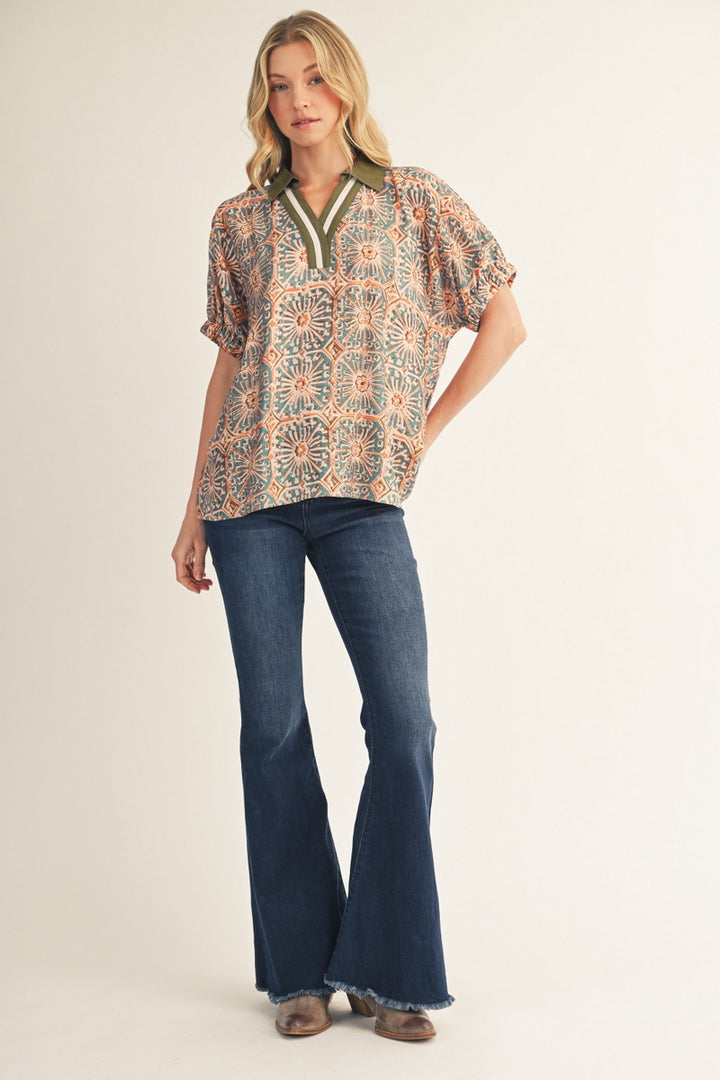 Jodifl Drop Shoulder Boho Print Top - Olive/Teal