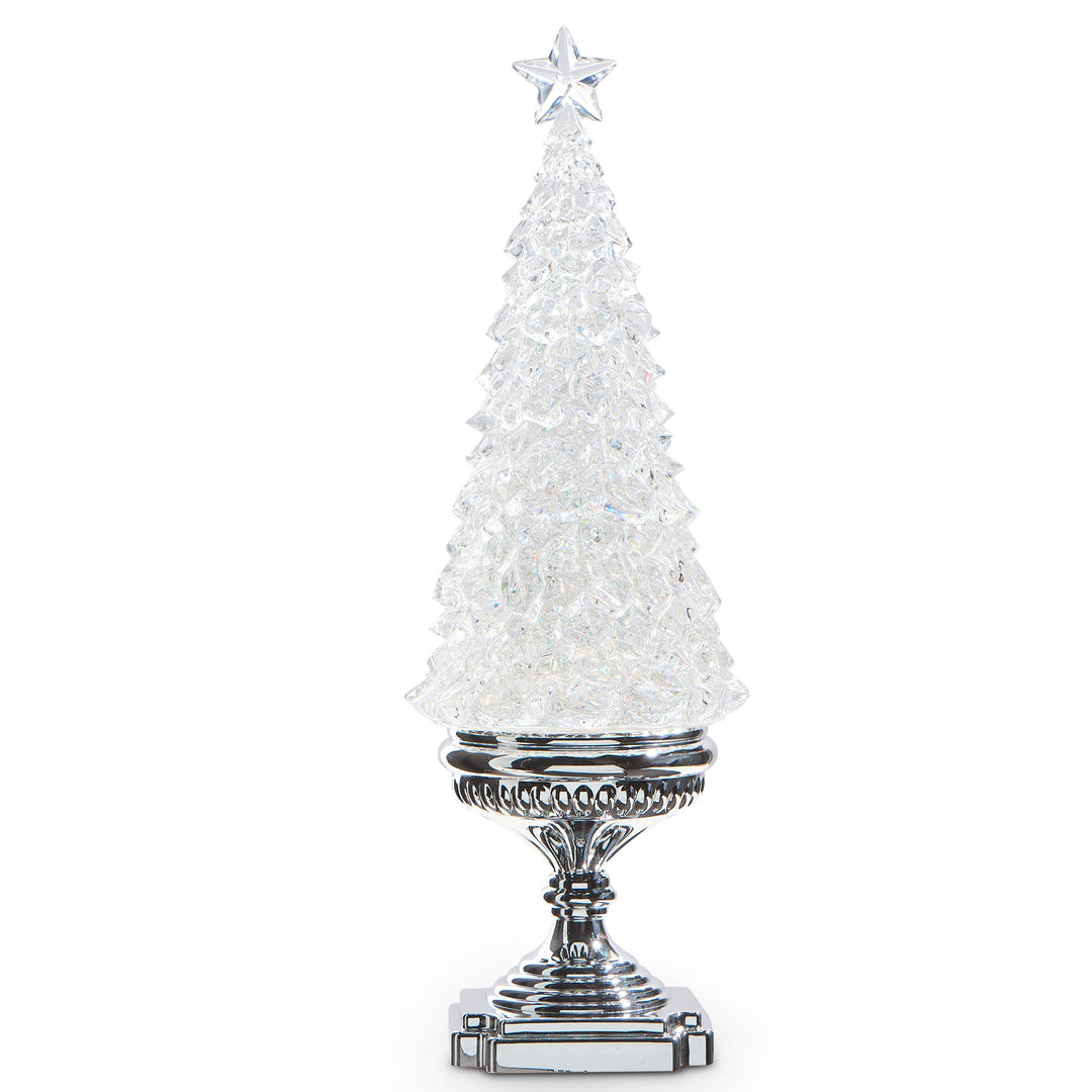 RAZ 17" Lighted Tree featuring a festive silver finish with swirling glitter.
