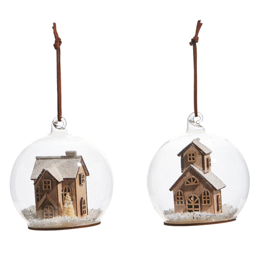 4" HOUSE AND CHAPEL IN GLOBE ORNAMENT