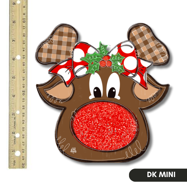 DK Designs Georgia reindeer mini door hanger sign with buffalo check antlers, polka dot bow, holly and sparkly red nose