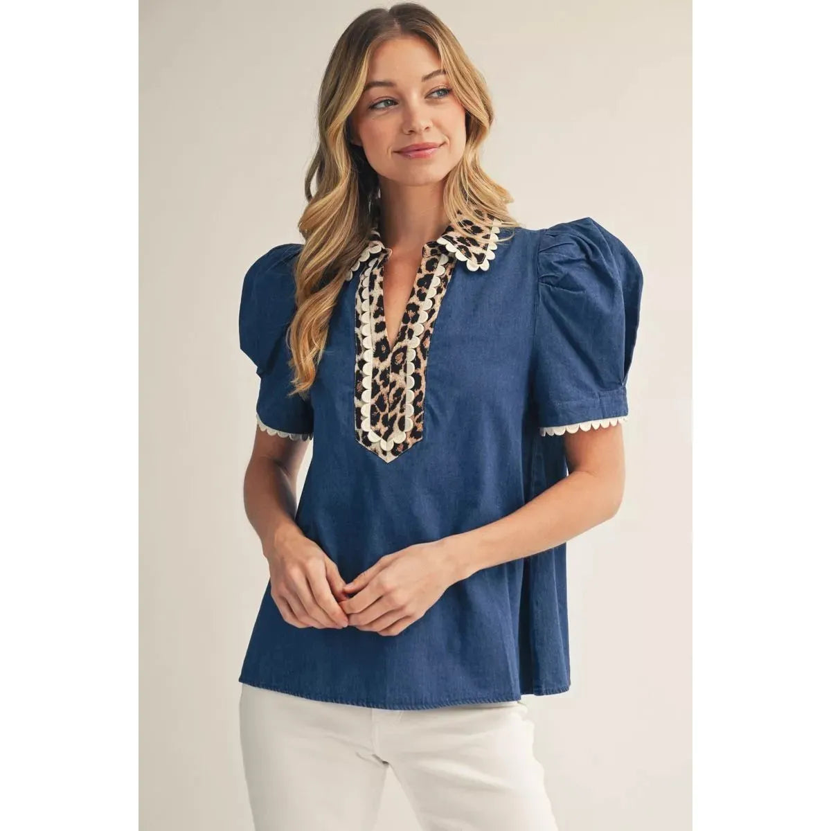Hadley | Puff Shoulder Denim Top with Leopard & Scallop Trim