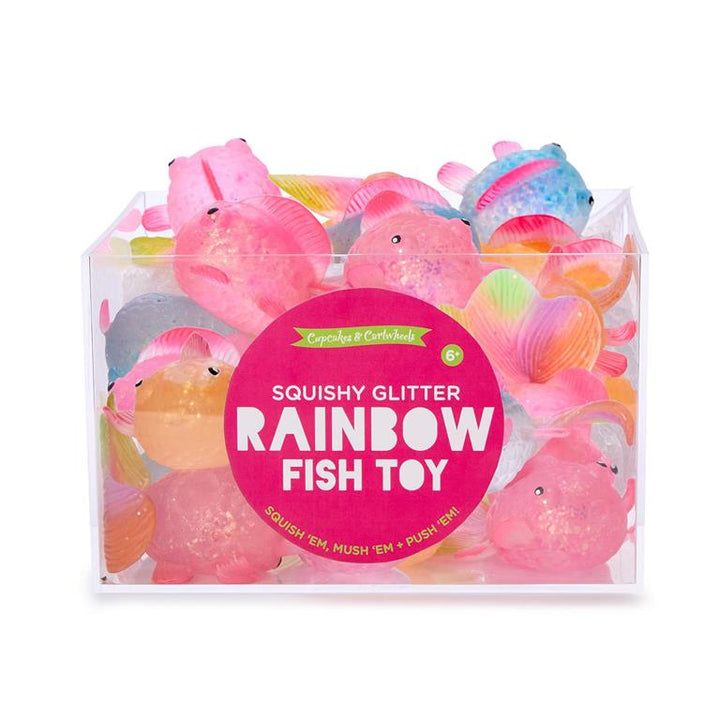 fish-shaped glitter toys in assorted colors, orange, pink and blue