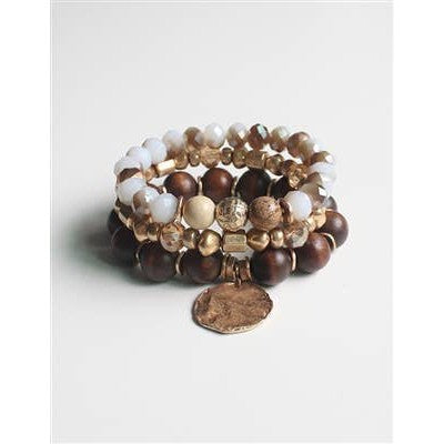 Set of Three Brown, Gold, and Natural Stone Stretch Bracelet