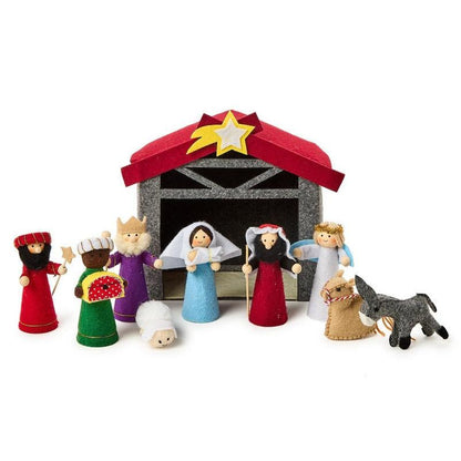 Star Bright 10 Pc Hand-crafted Nativity Keepsake Set in Gift Box Includes: Mary with Baby Jesus, Joseph, Angel, 3 Kings, Donkey, Sheep, Camel, Stable - Felt/Schima Superba Wood/Cardboard