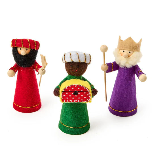 Star Bright 10 Pc Hand-crafted Nativity Keepsake Set in Gift Box Includes: Mary with Baby Jesus, Joseph, Angel, 3 Kings, Donkey, Sheep, Camel, Stable - Felt/Schima Superba Wood/Cardboard