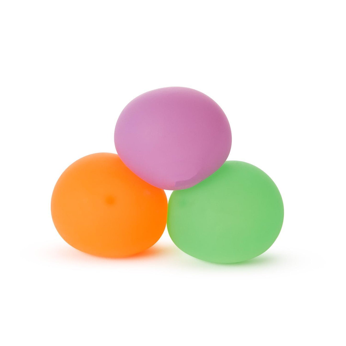 Glow in the dark rubber blob ball sensory toy in green, orange, and purple; gel-like texture for stress relief.
