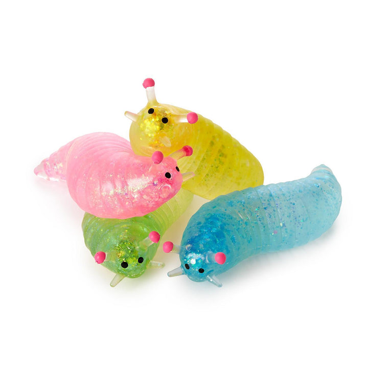 Glittery squishy slug toys in pink, blue, green, and yellow; 6-inch rubber sensory fidget toy.