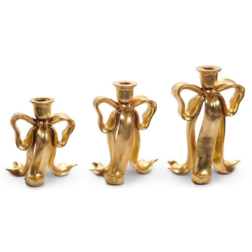 RAZ 9" Bow Candlesticks set of three featuring an elegant gold bow design.