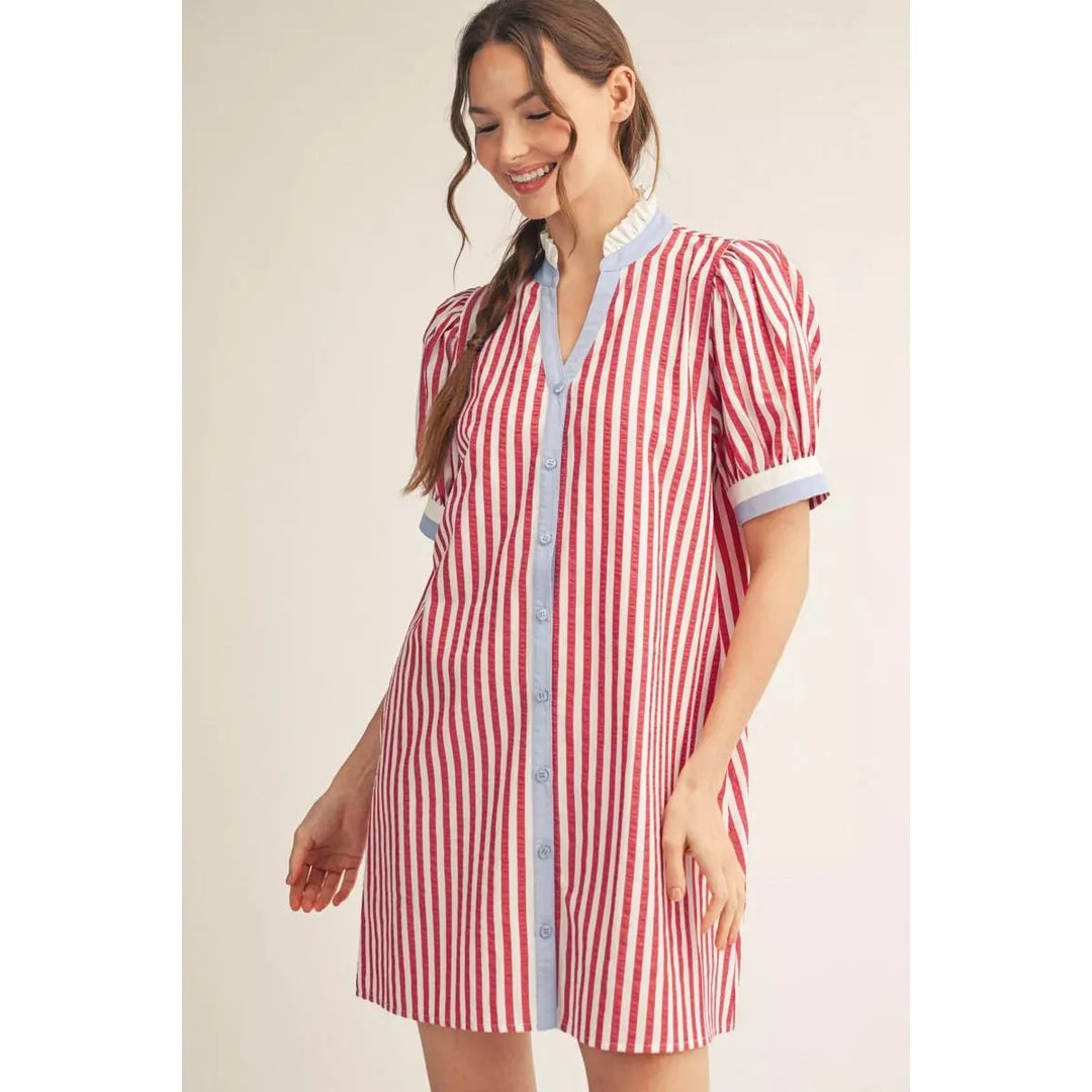 Grace Stripe Puff Sleeve Shift Dress in Red