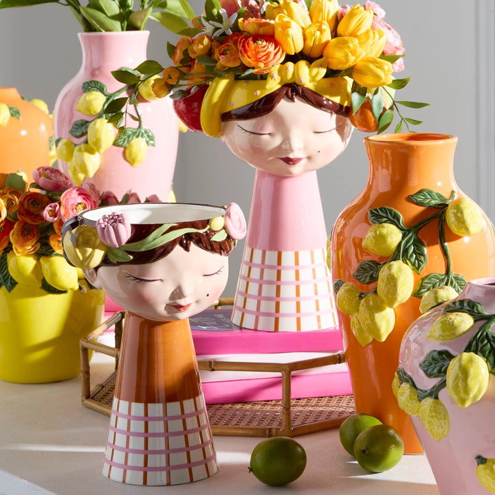 11" Girl Head Vase with Flowers