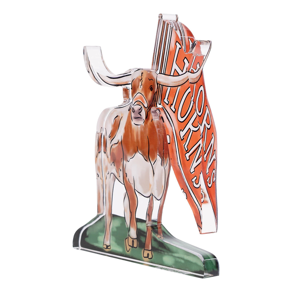 Texas Bevo Acrylic Stand side view — freestanding Glory Haus décor for the devoted Longhorn fan.