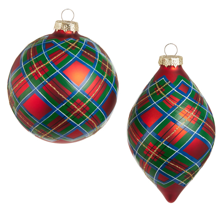 RAZ 4" Plaid Ornament featuring a festive red, green, and blue plaid glass design.