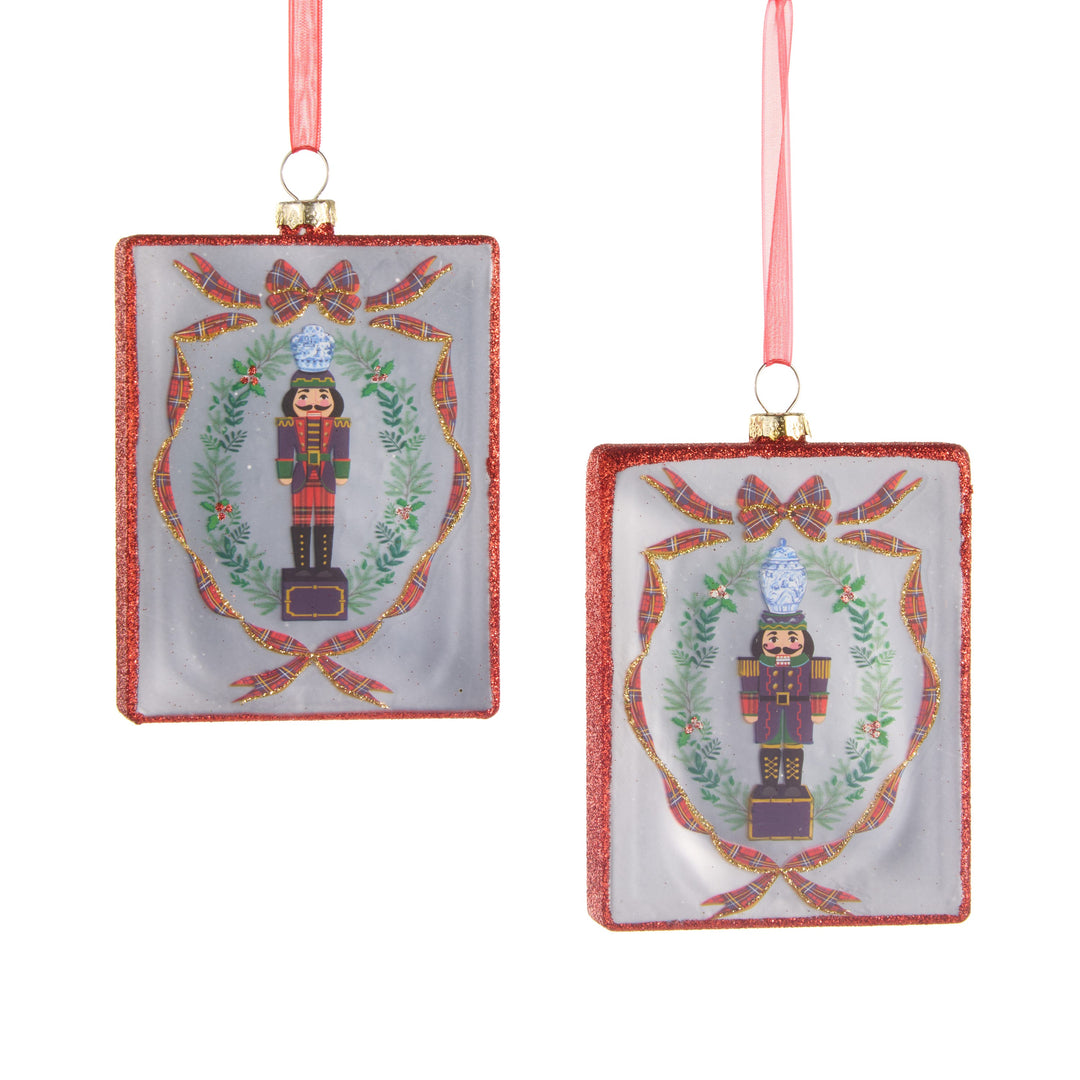 RAZ 4.5" Noble Nutcracker Rectangle Ornament featuring a classic nutcracker design on crafted glass.