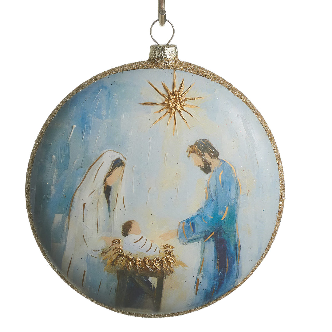 Blessed in Bethlehem nativity disc Christmas ornament, 4.75 inch glass, RAZ Imports