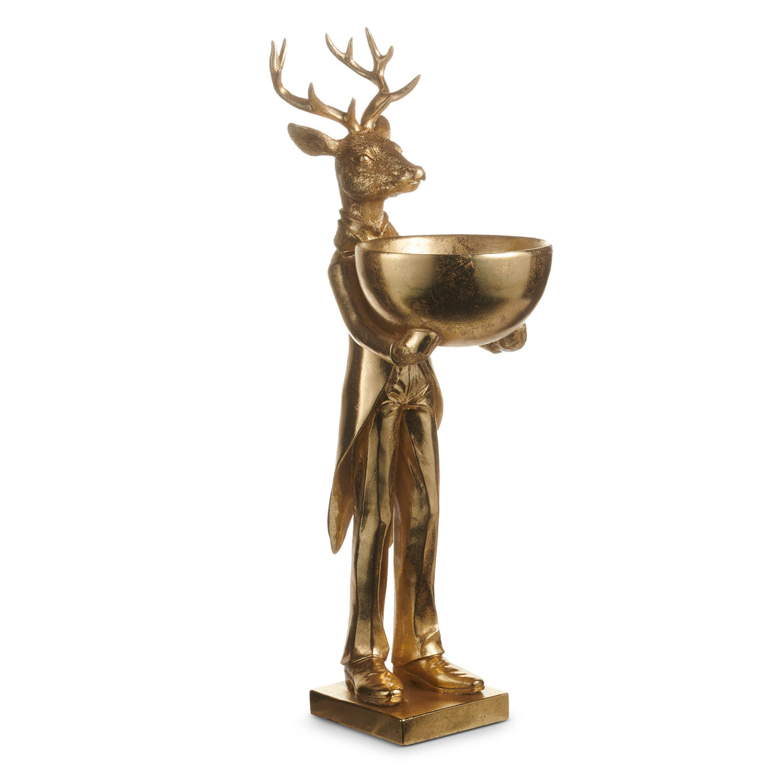 RAZ 21" Gold Deer Butler Server featuring a whimsical gold holiday figurine design.