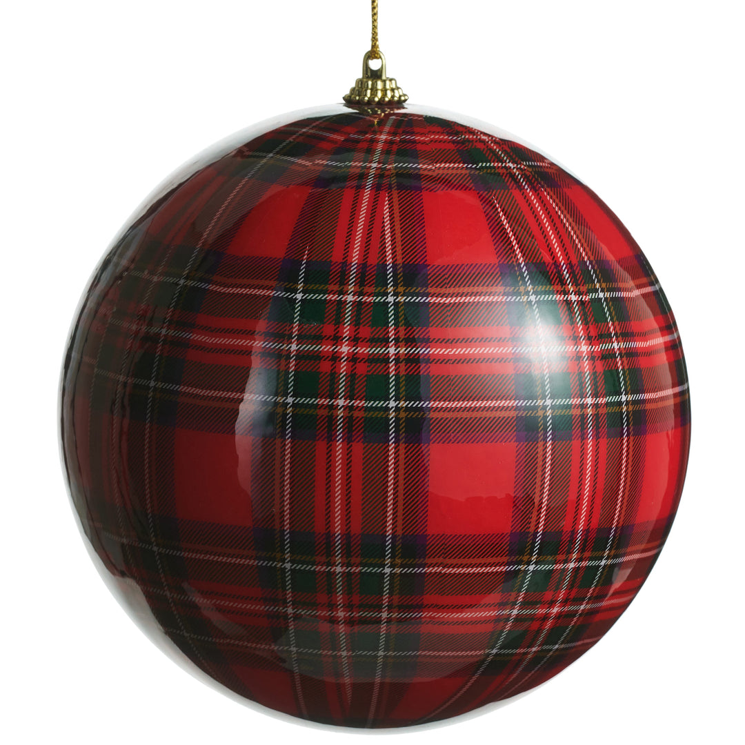 RAZ 6" Red Plaid Ball Ornament featuring a classic red plaid pattern.