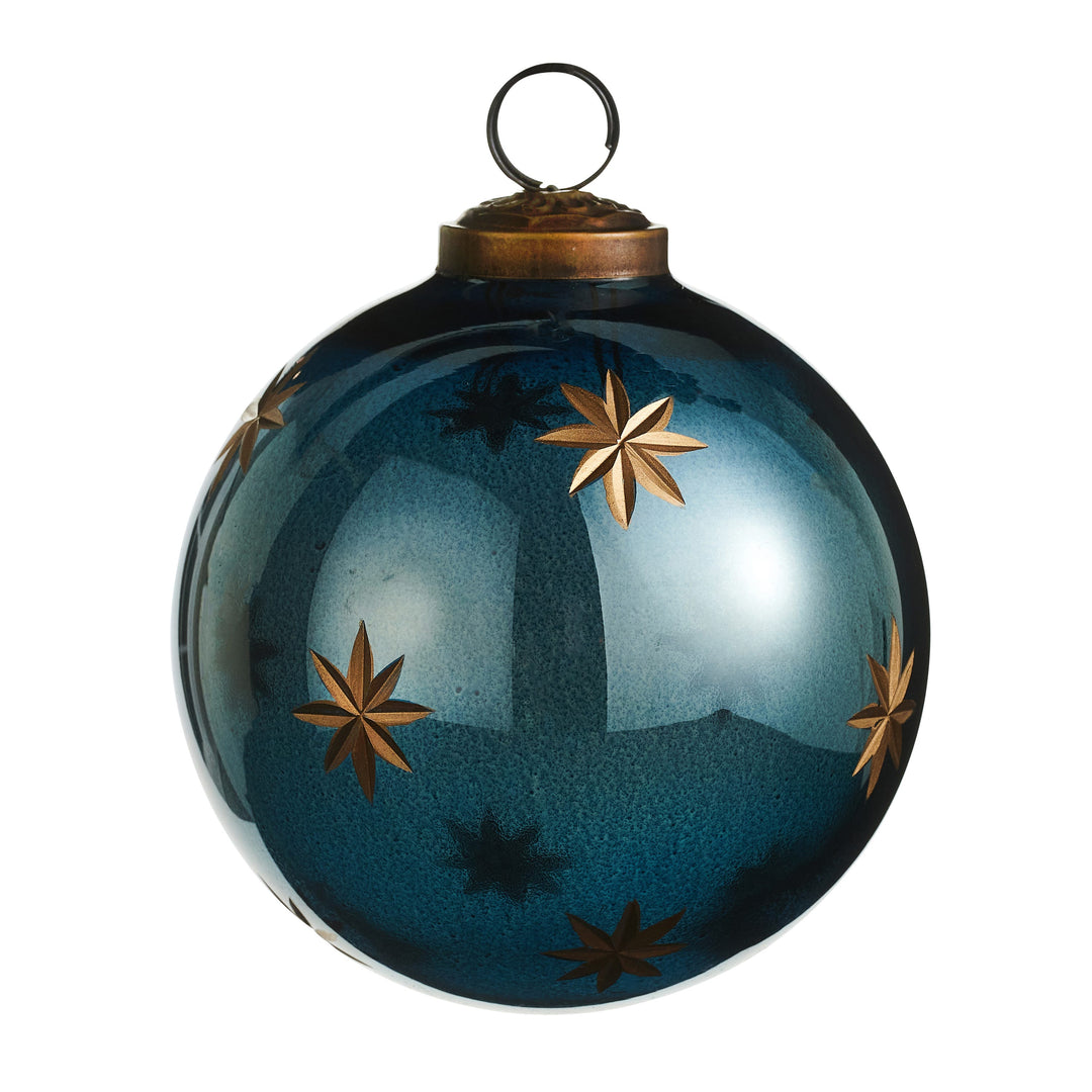 Etched blue glass star ball Christmas ornament, 4 inch, RAZ Imports