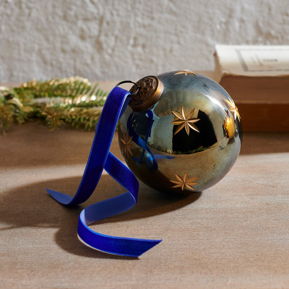 Etched dark blue glass star Christmas ornament, alternate view, RAZ Imports