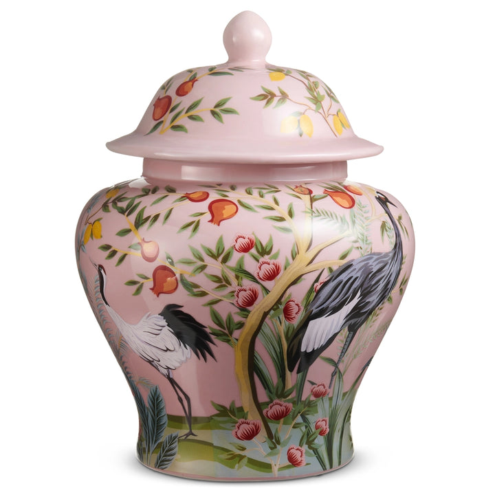 Decorative ceramic jar with pink background and bird and floral design