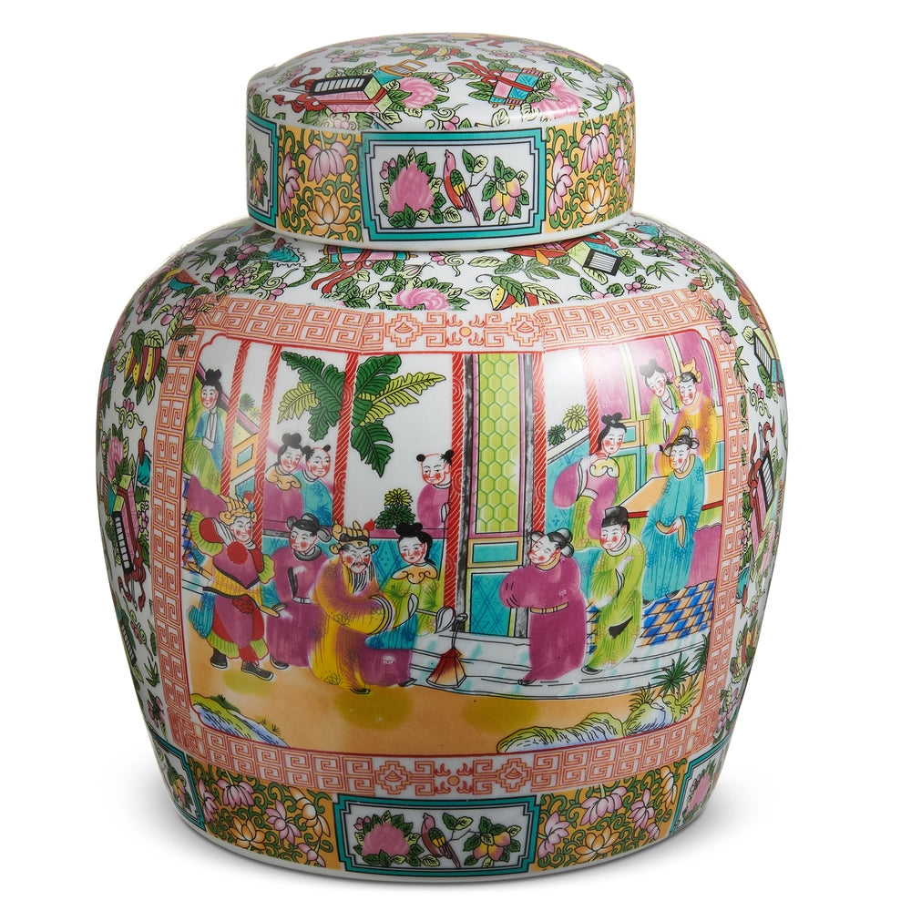 Decorative ceramic jar with colorful traditional design on a white background
