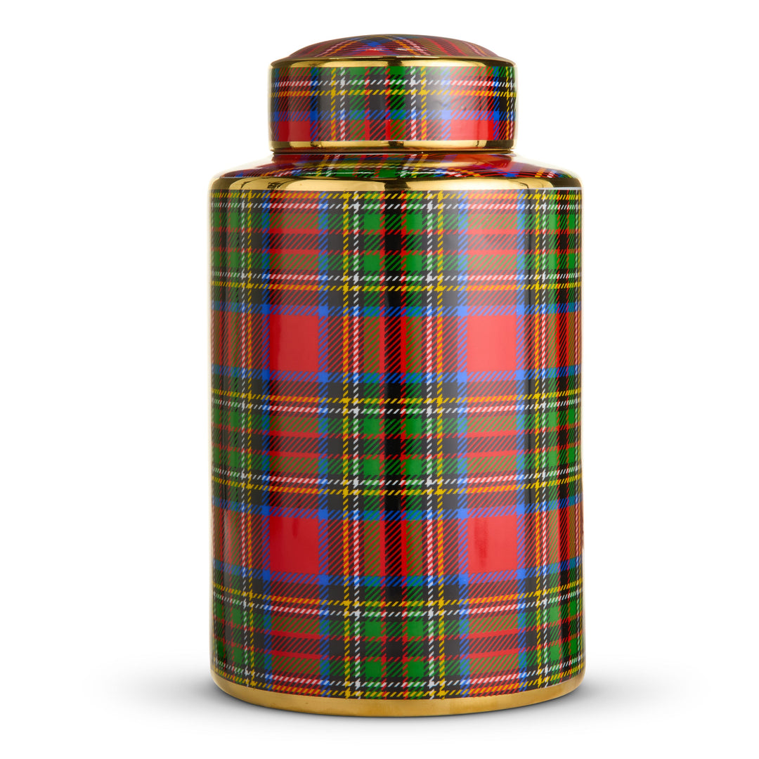 RAZ 12" Tartan Plaid Decorative Jar featuring a festive red, green, and gold plaid pattern.