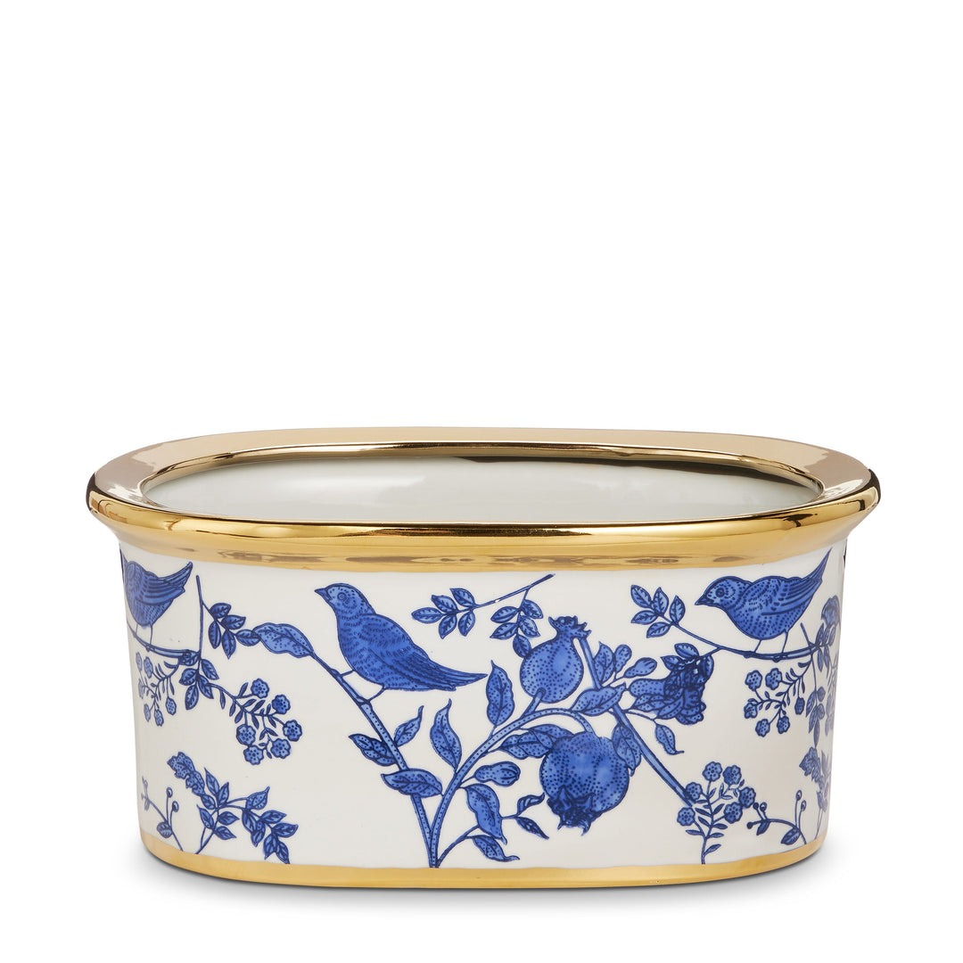 RAZ 6" Blue Bird Planter featuring a beautiful blue and white floral design with a gold rim.